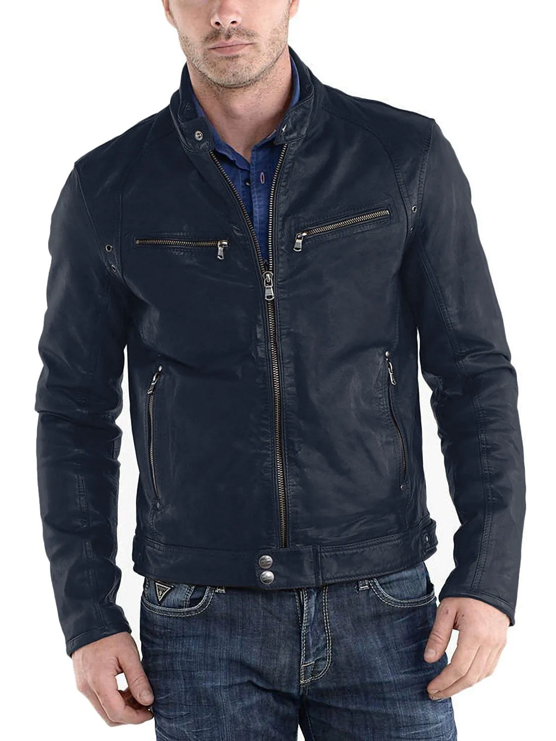 Leather Jackets Hub Mens Genuine Lambskin Leather Jacket (Black, Racer Jacket) - 1501233