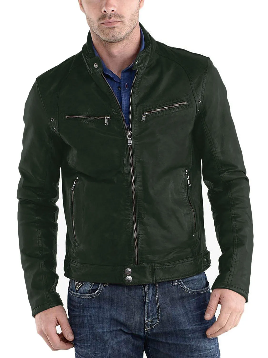 Leather Jackets Hub Mens Genuine Lambskin Leather Jacket (Black, Racer Jacket) - 1501233