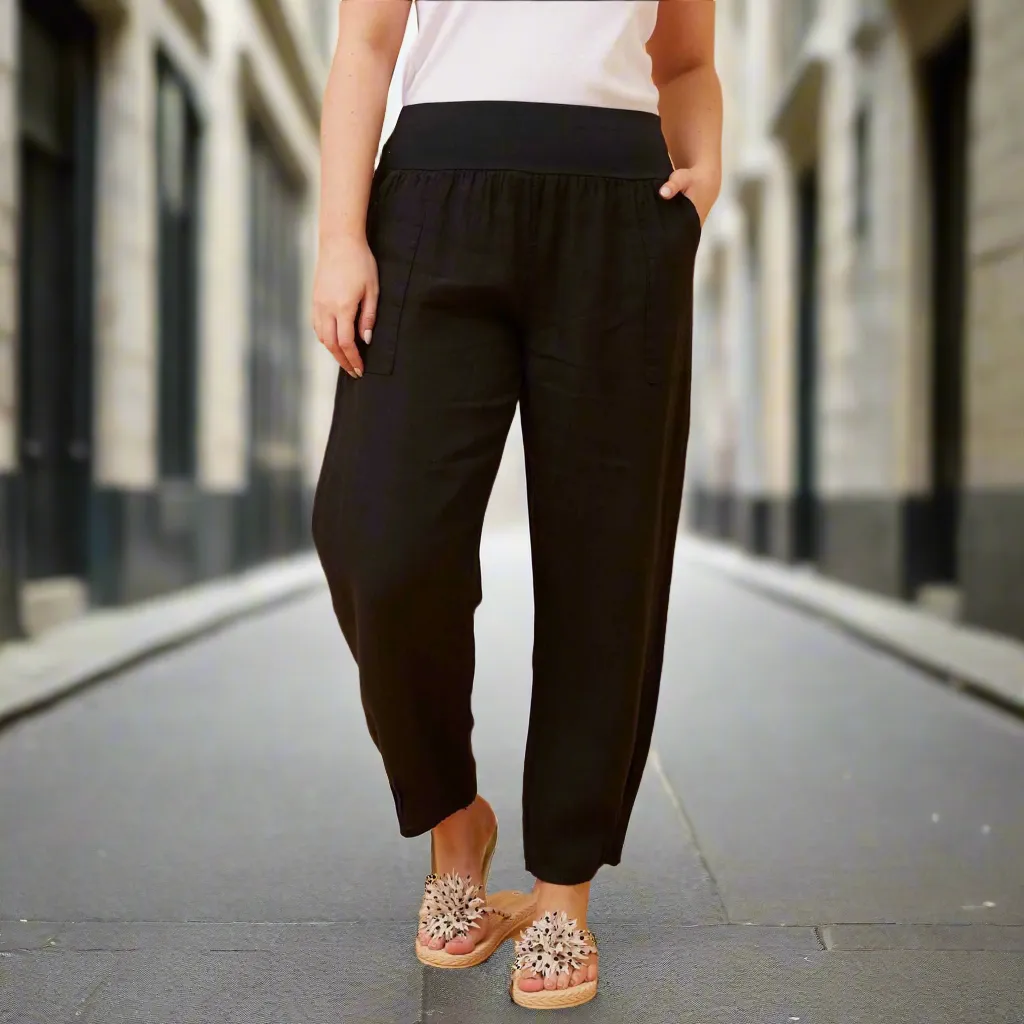 Long Linen Pants With Pocket Detail - Black