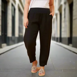Long Linen Pants With Pocket Detail - Black