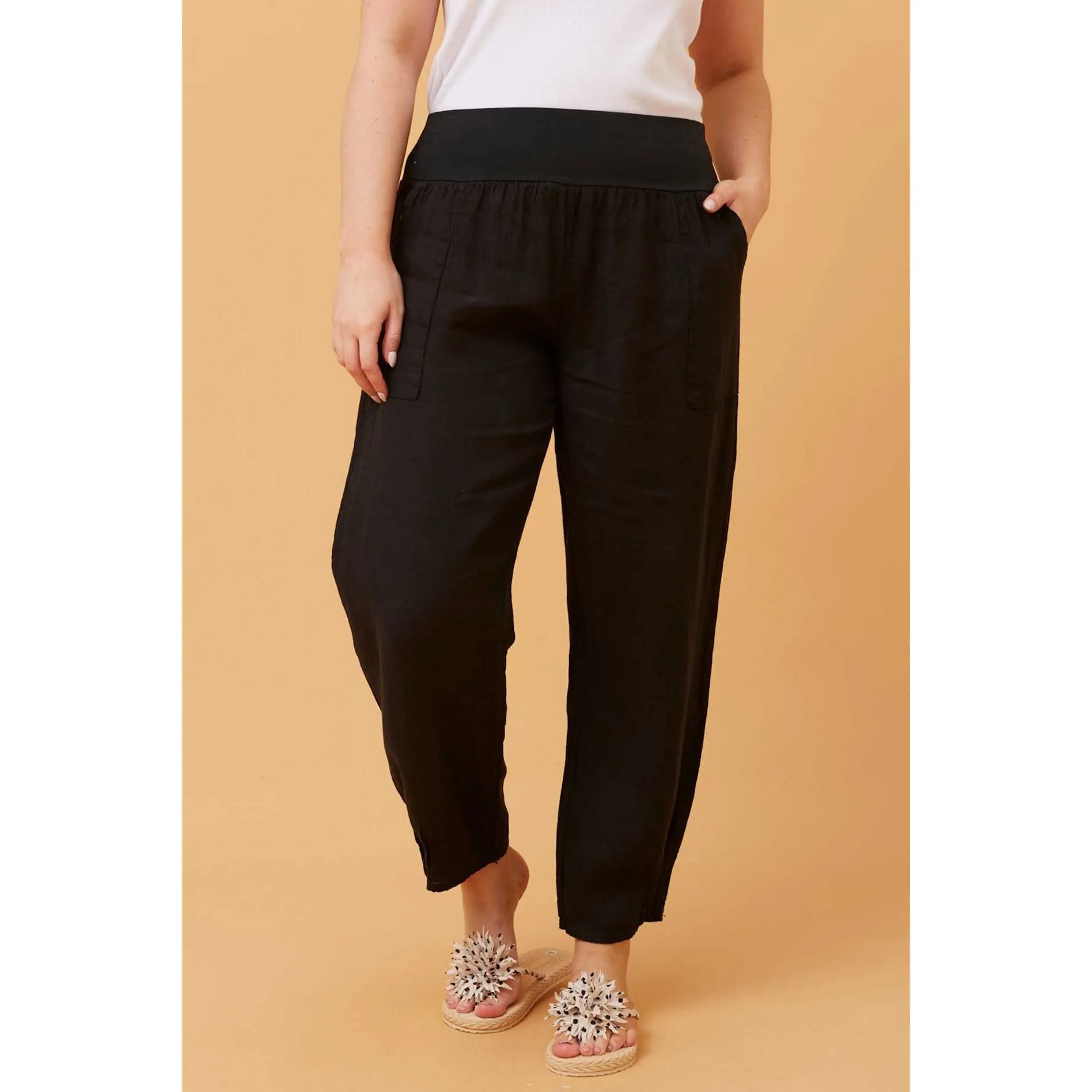 Long Linen Pants With Pocket Detail - Black