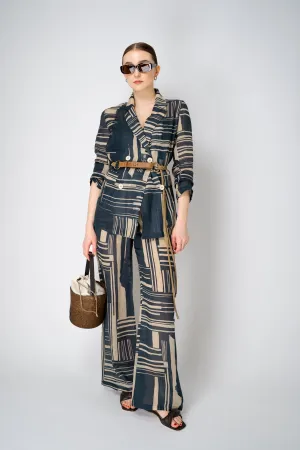 Lorena Antoniazzi Double Breasted Ramie Blazer in Blue and Beige