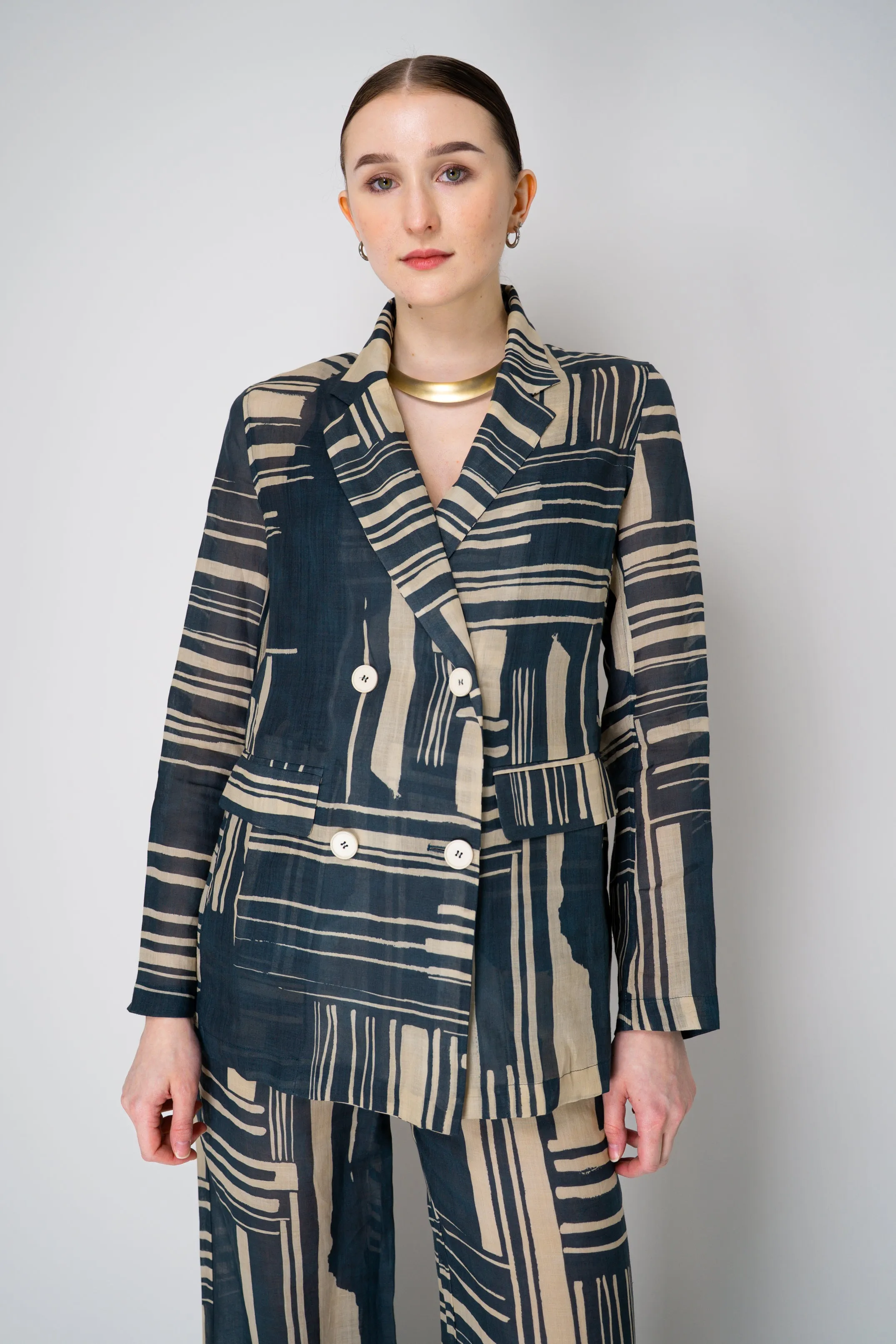 Lorena Antoniazzi Double Breasted Ramie Blazer in Blue and Beige