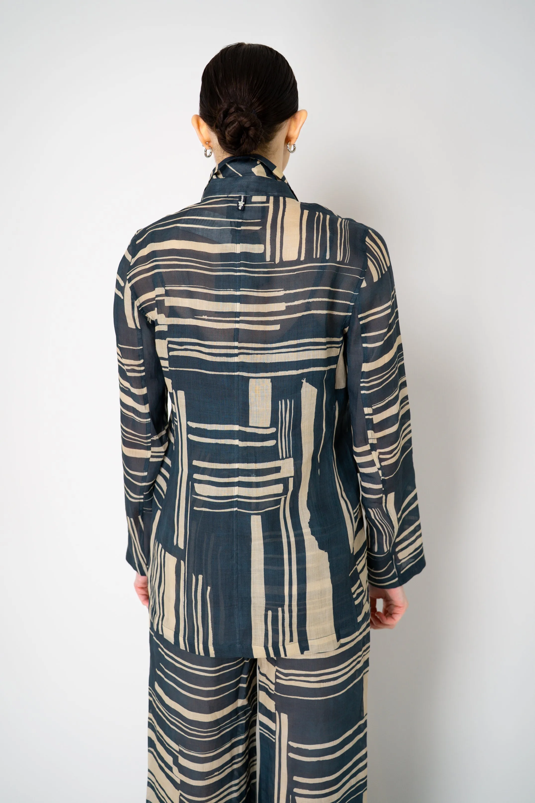 Lorena Antoniazzi Double Breasted Ramie Blazer in Blue and Beige
