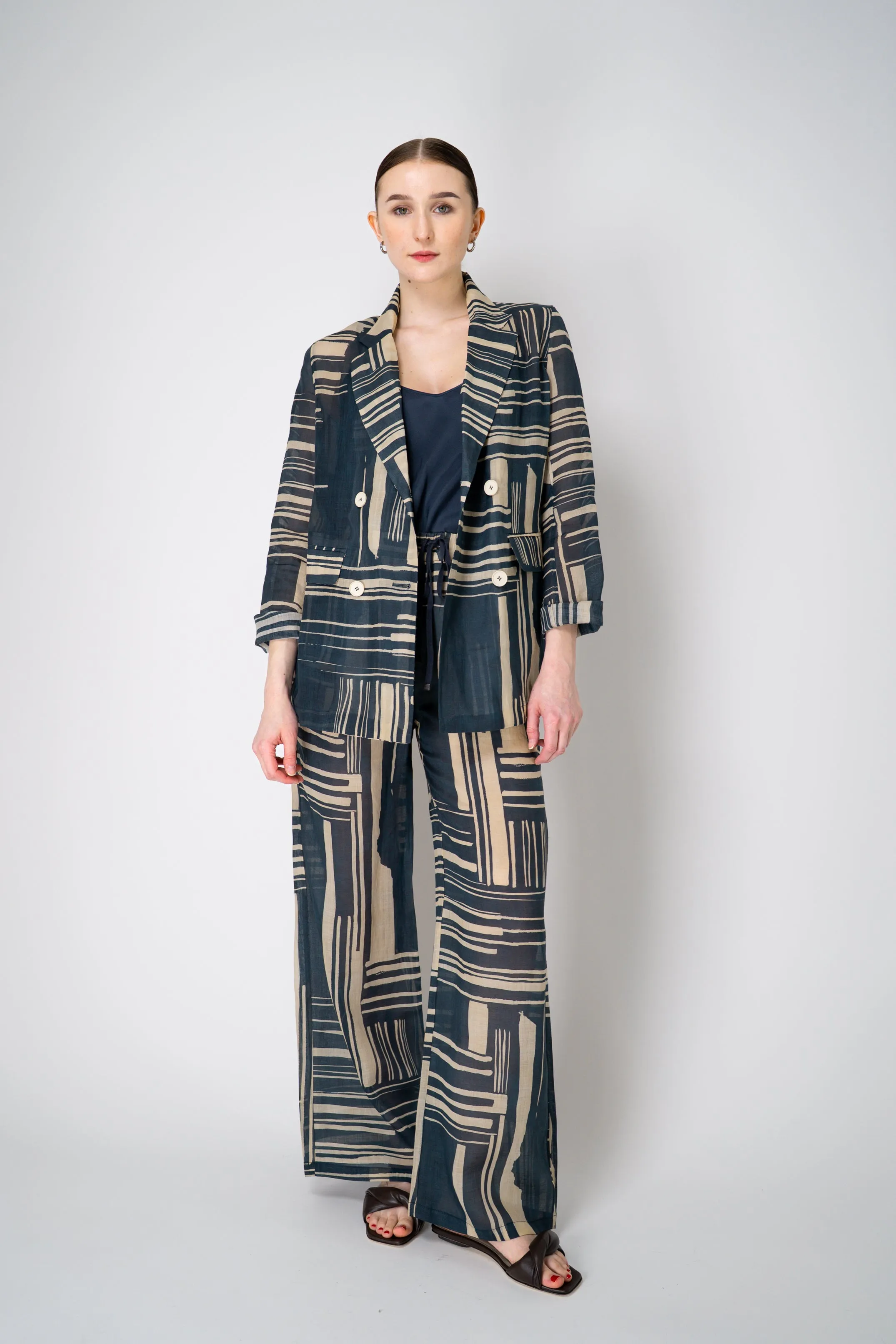 Lorena Antoniazzi Double Breasted Ramie Blazer in Blue and Beige