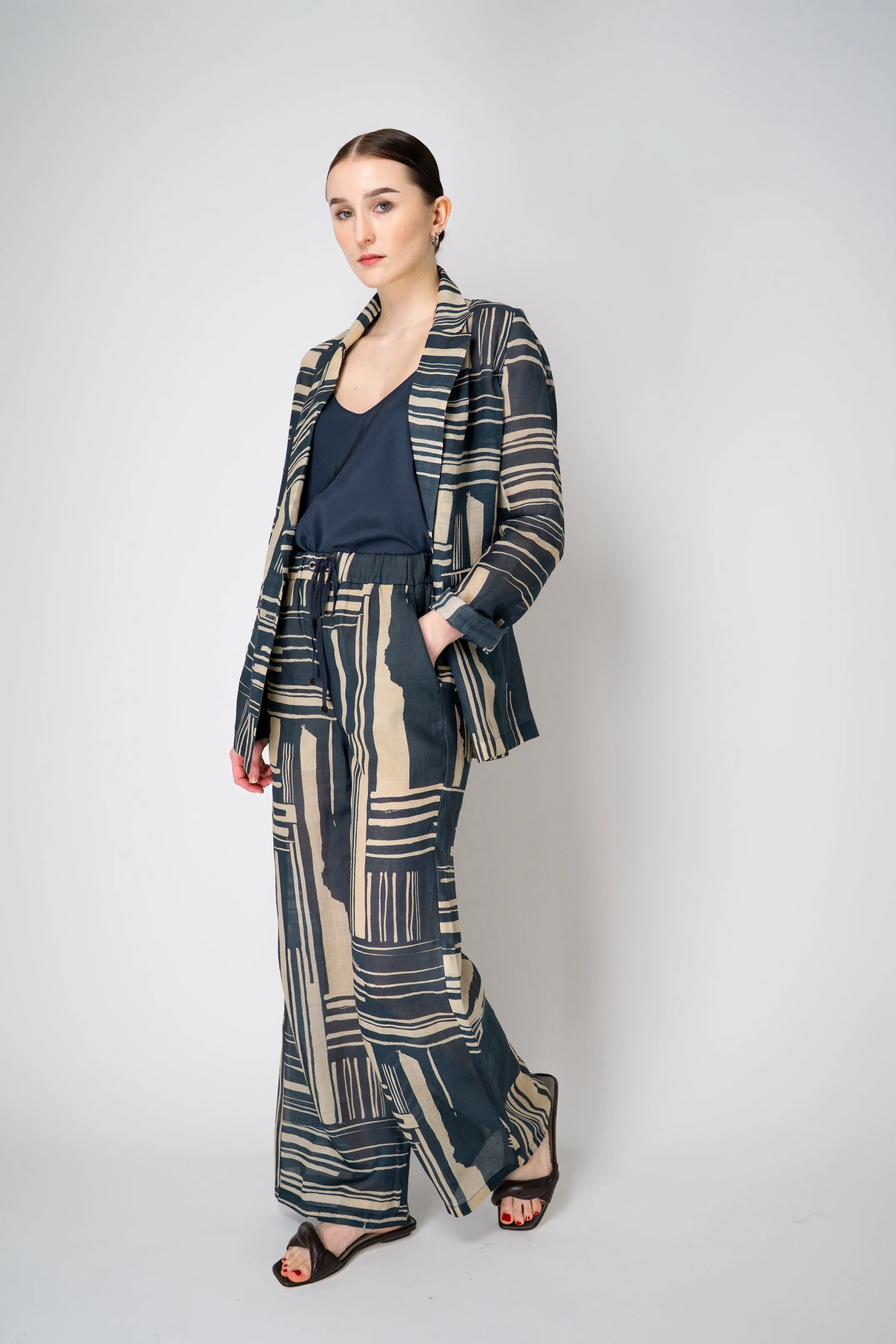 Lorena Antoniazzi Double Breasted Ramie Blazer in Blue and Beige