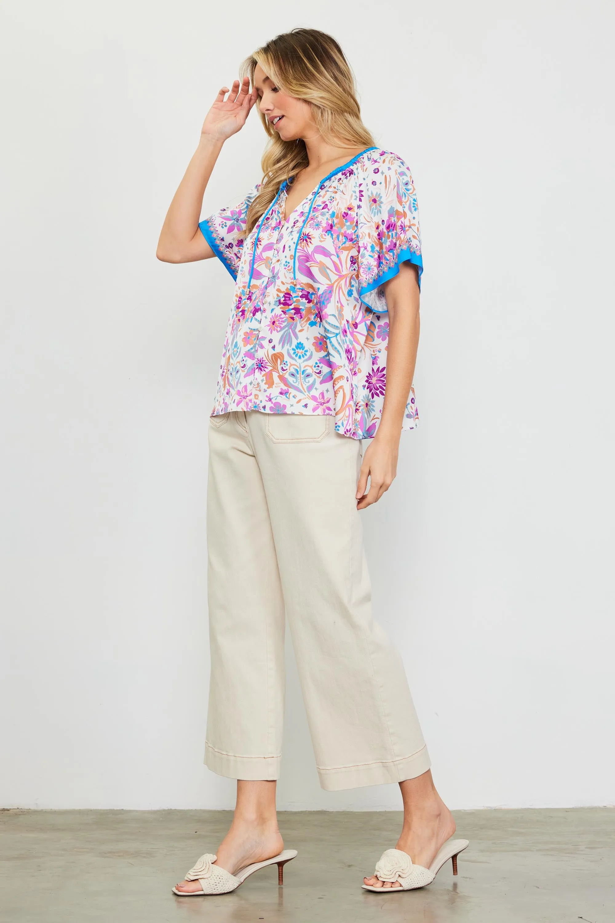 Magnolia Border Print Short Sleeve Top