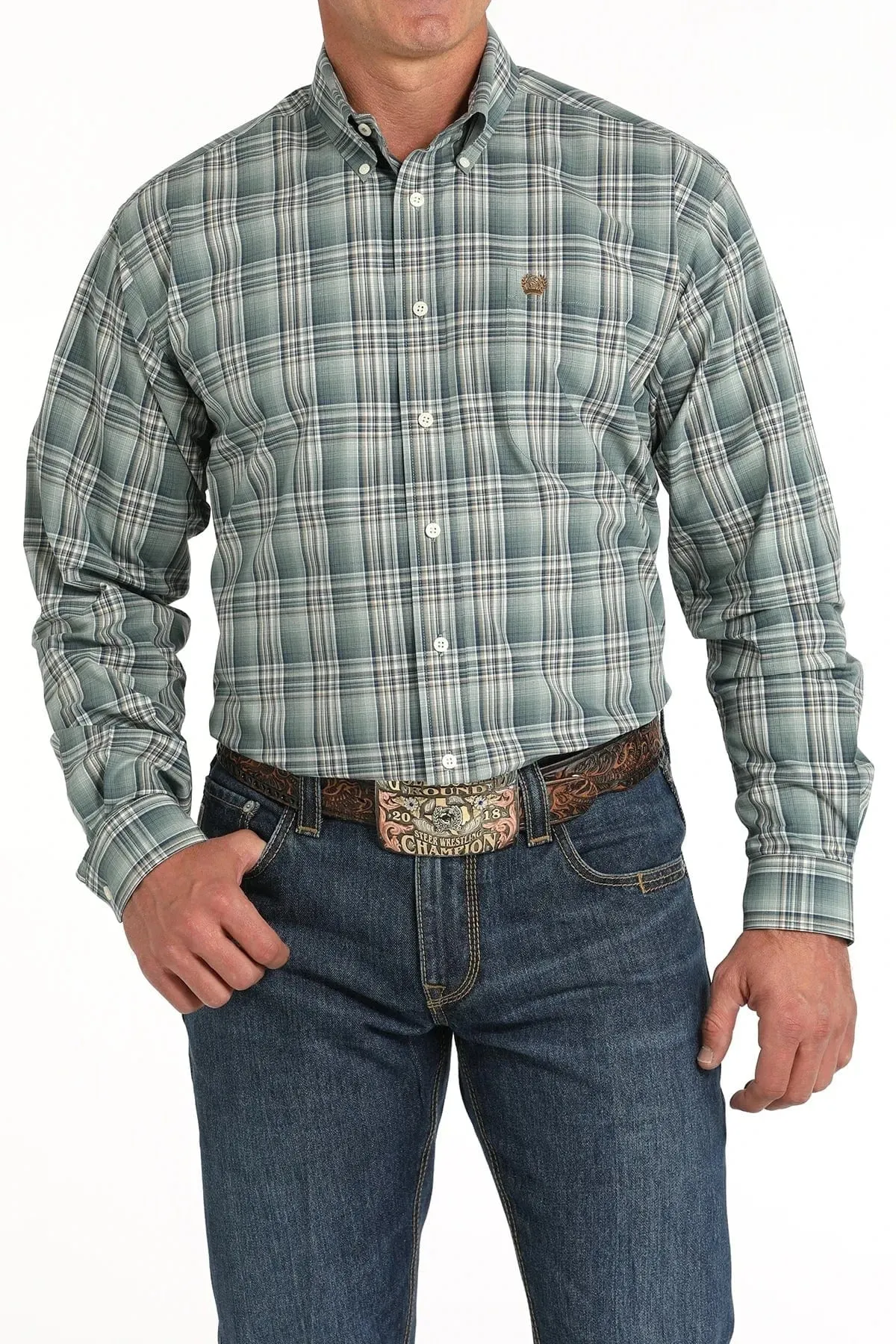 Men's White Geo and Teal Striped Button Down Shirt