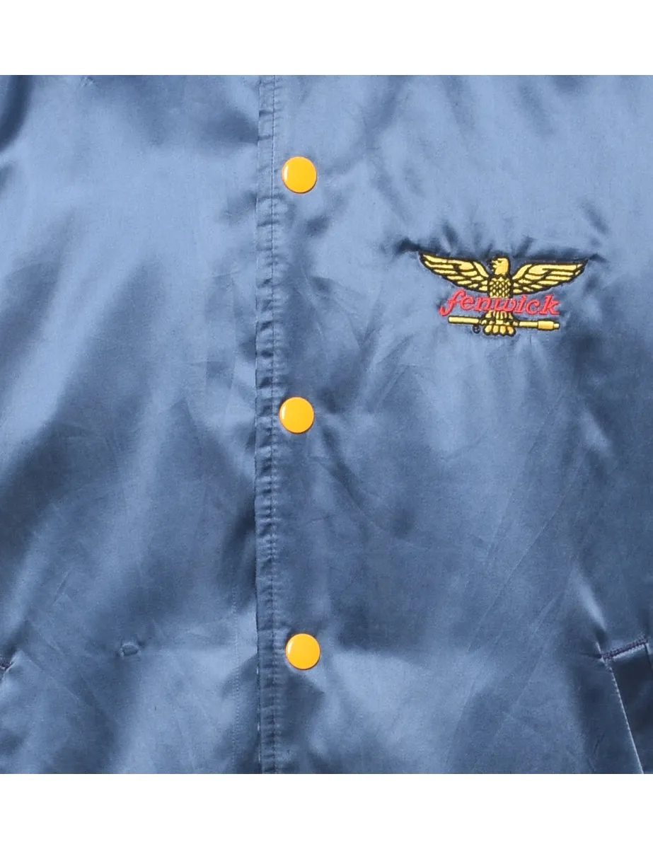 Navy & Yellow Contrast Embroidered Silky Bomber Jacket - L