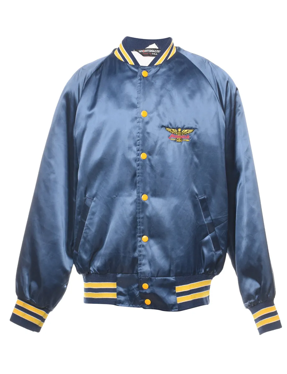 Navy & Yellow Contrast Embroidered Silky Bomber Jacket - L