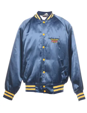 Navy & Yellow Contrast Embroidered Silky Bomber Jacket - L