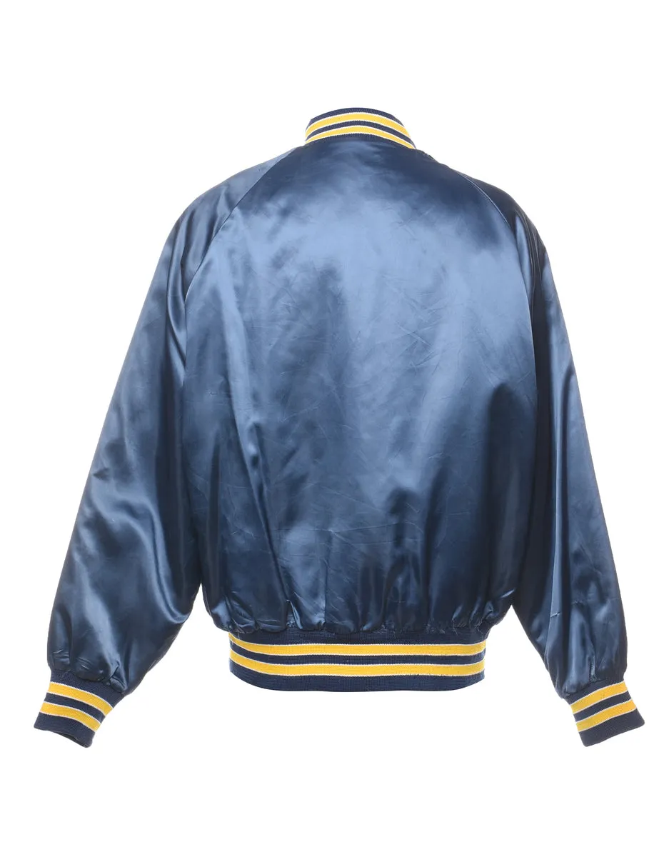 Navy & Yellow Contrast Embroidered Silky Bomber Jacket - L