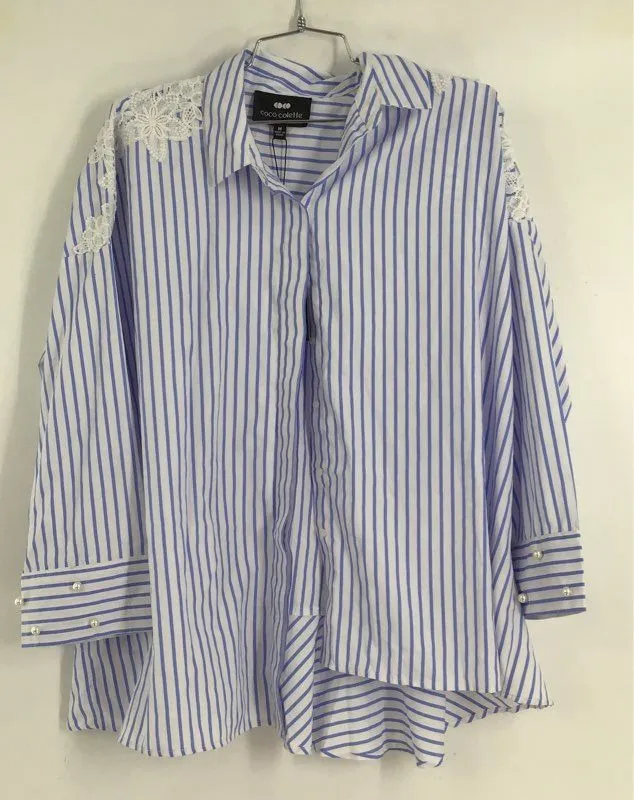NWT Coco Colette Women's White Blue Striped Button-Up Shirt - Size Medium