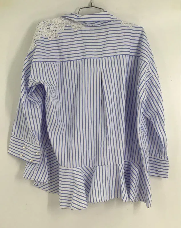 NWT Coco Colette Women's White Blue Striped Button-Up Shirt - Size Medium