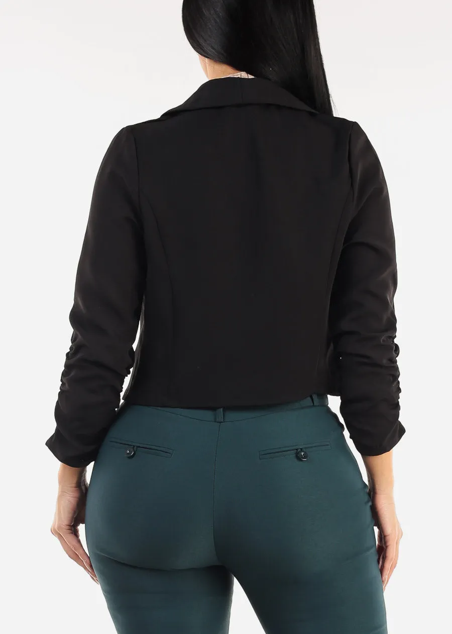 Quarter Sleeve Open Front Crop Blazer Black