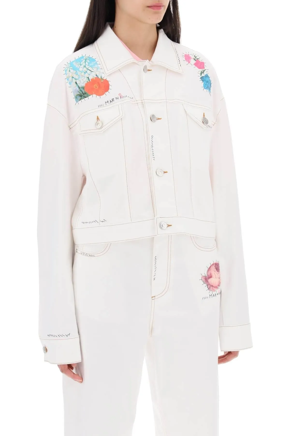 "CROPPED DENIM JACKET WITH FLOWER PATCHES AND EMBROIDERY"