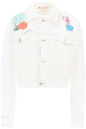"CROPPED DENIM JACKET WITH FLOWER PATCHES AND EMBROIDERY"