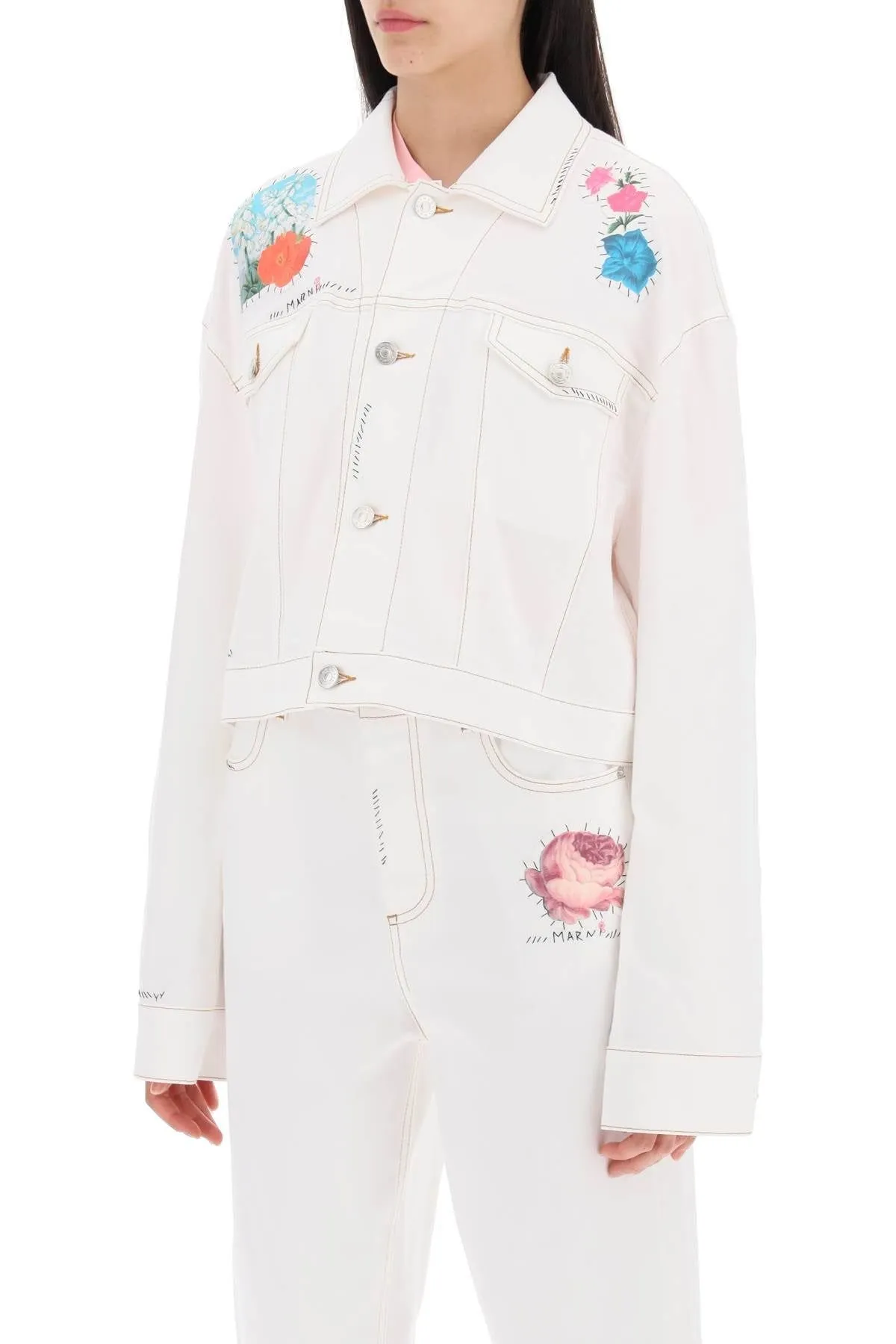 "CROPPED DENIM JACKET WITH FLOWER PATCHES AND EMBROIDERY"