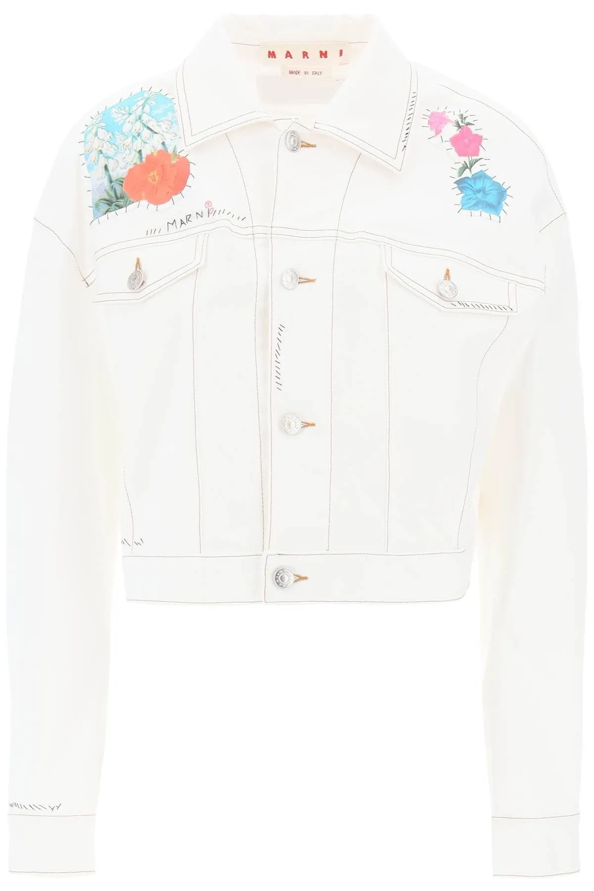 "CROPPED DENIM JACKET WITH FLOWER PATCHES AND EMBROIDERY"