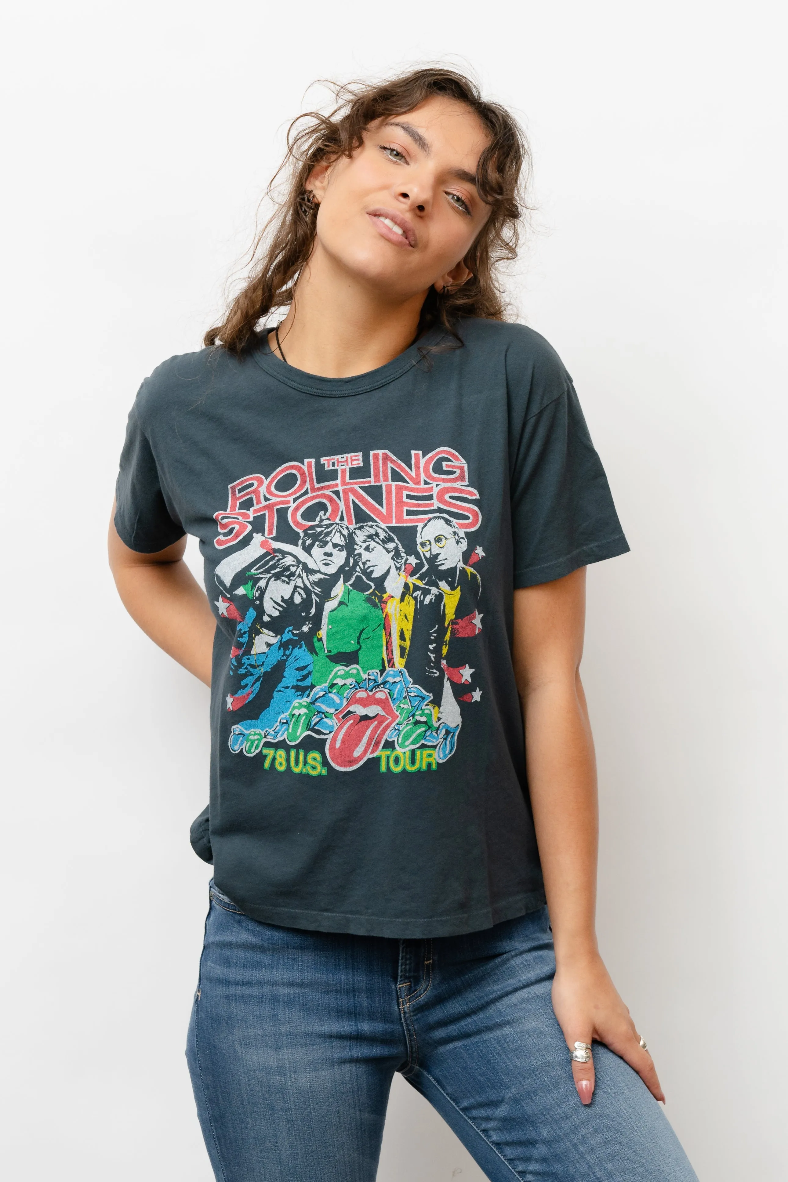 ROLLING STONES 78 US TOUR RINGER TEE IN VINTAGE BLACK
