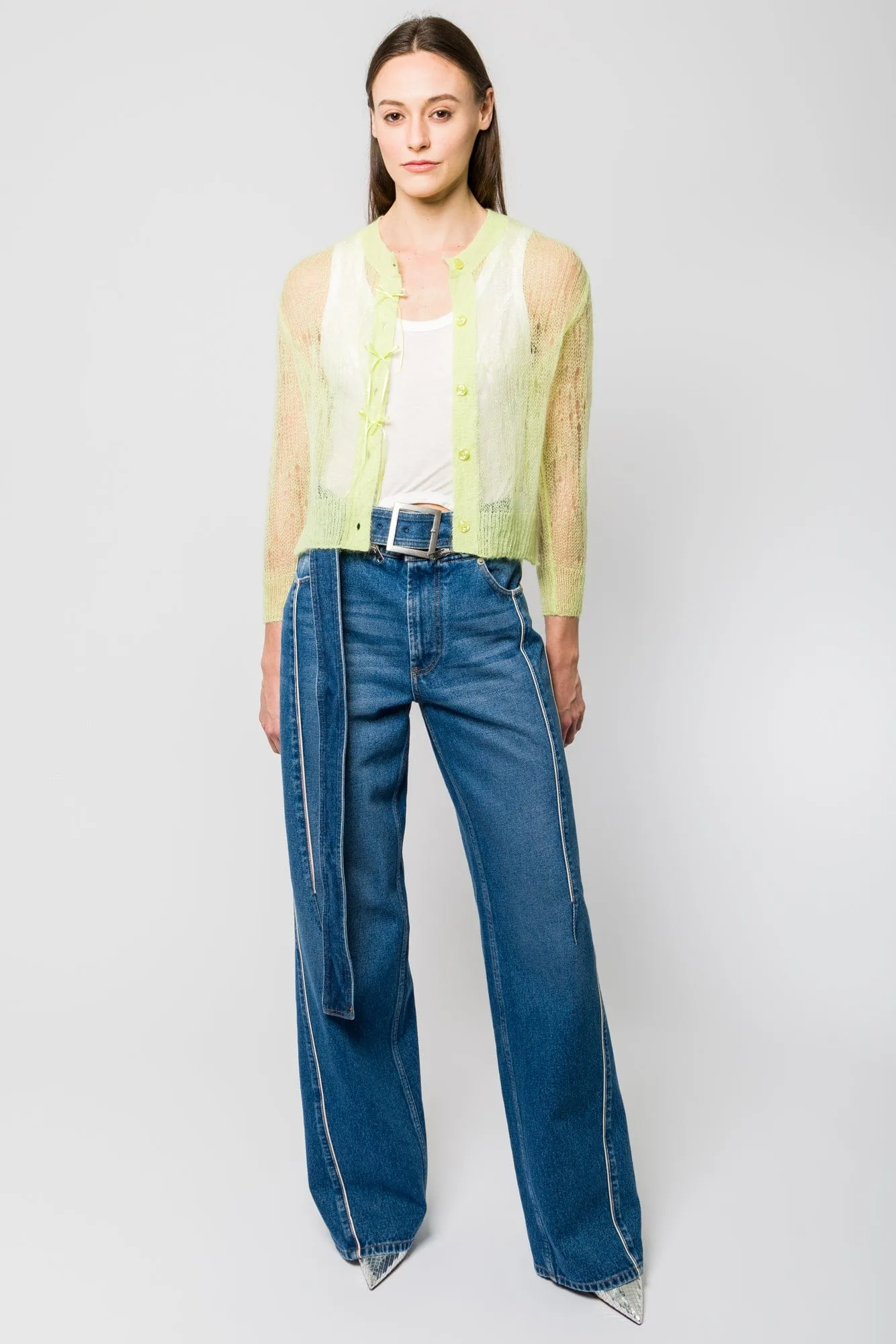 Simone Rocha Cropped Long Sleeve Cardigan with Bow Ribbon