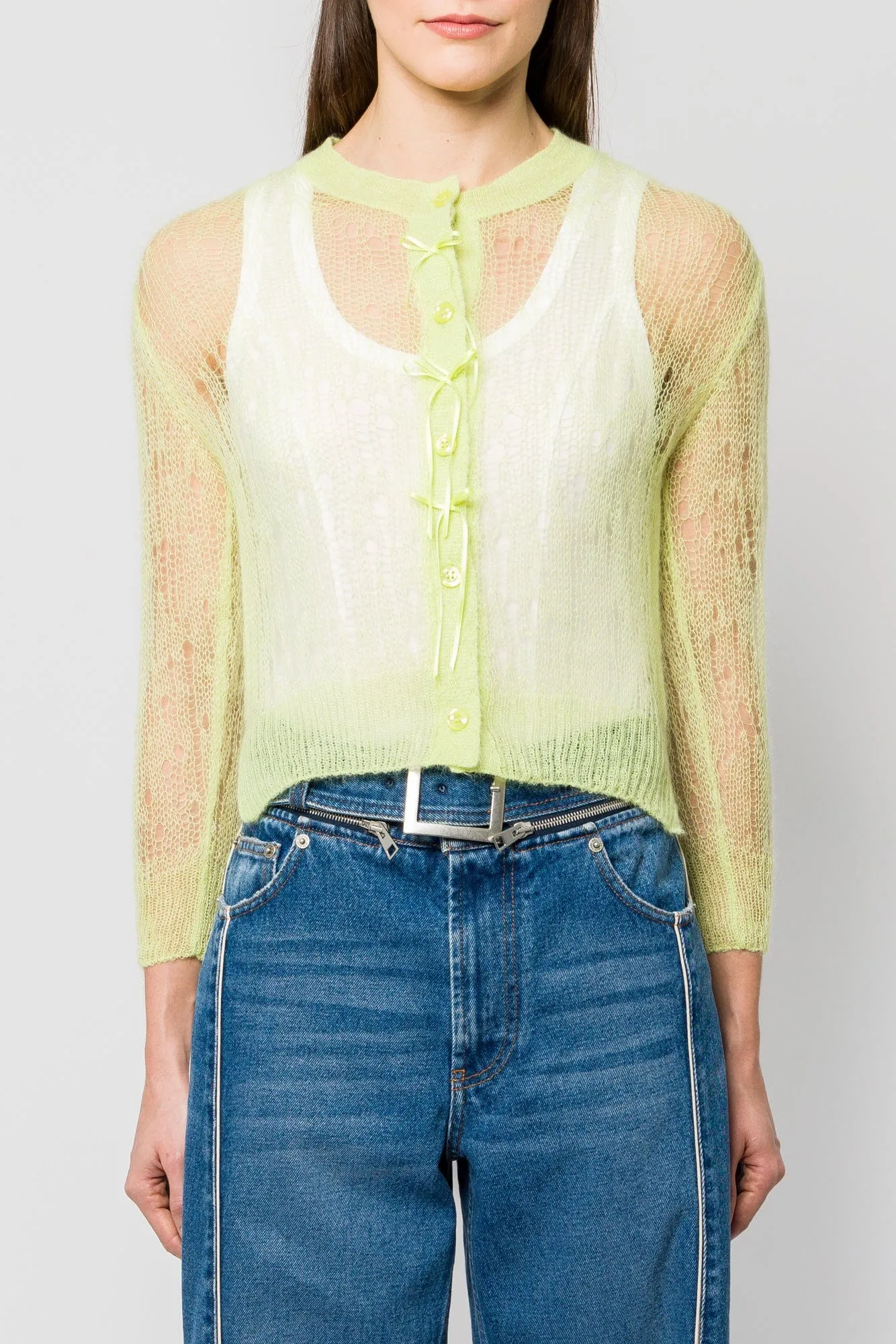 Simone Rocha Cropped Long Sleeve Cardigan with Bow Ribbon