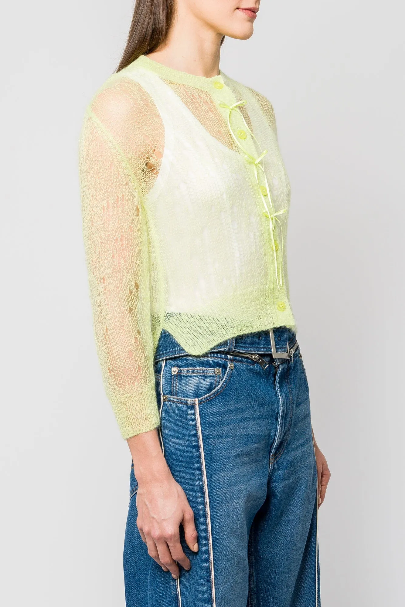 Simone Rocha Cropped Long Sleeve Cardigan with Bow Ribbon