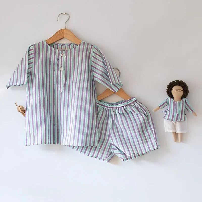 Sleepover Party Cotton Kurta & Shorts Set - Purple Blue Striped