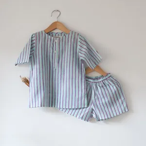 Sleepover Party Cotton Kurta & Shorts Set - Purple Blue Striped