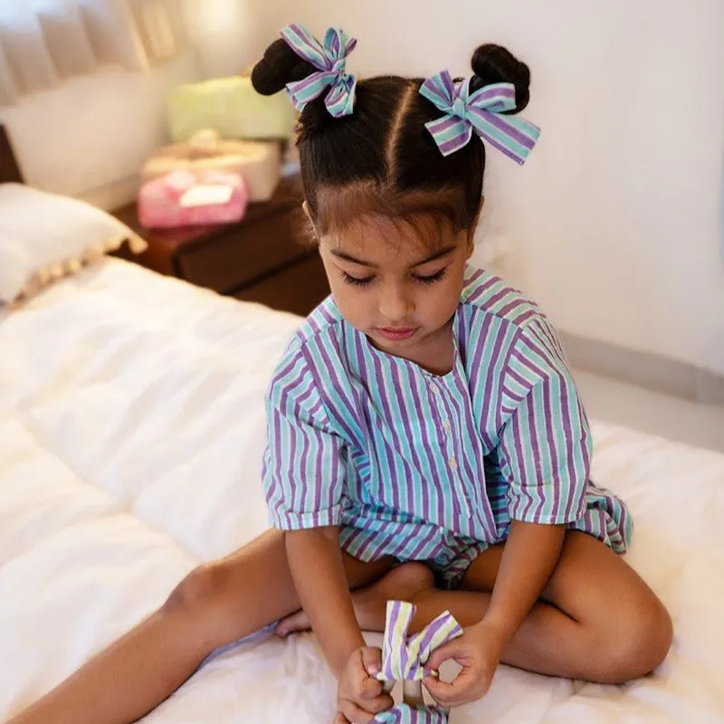 Sleepover Party Cotton Kurta & Shorts Set - Purple Blue Striped
