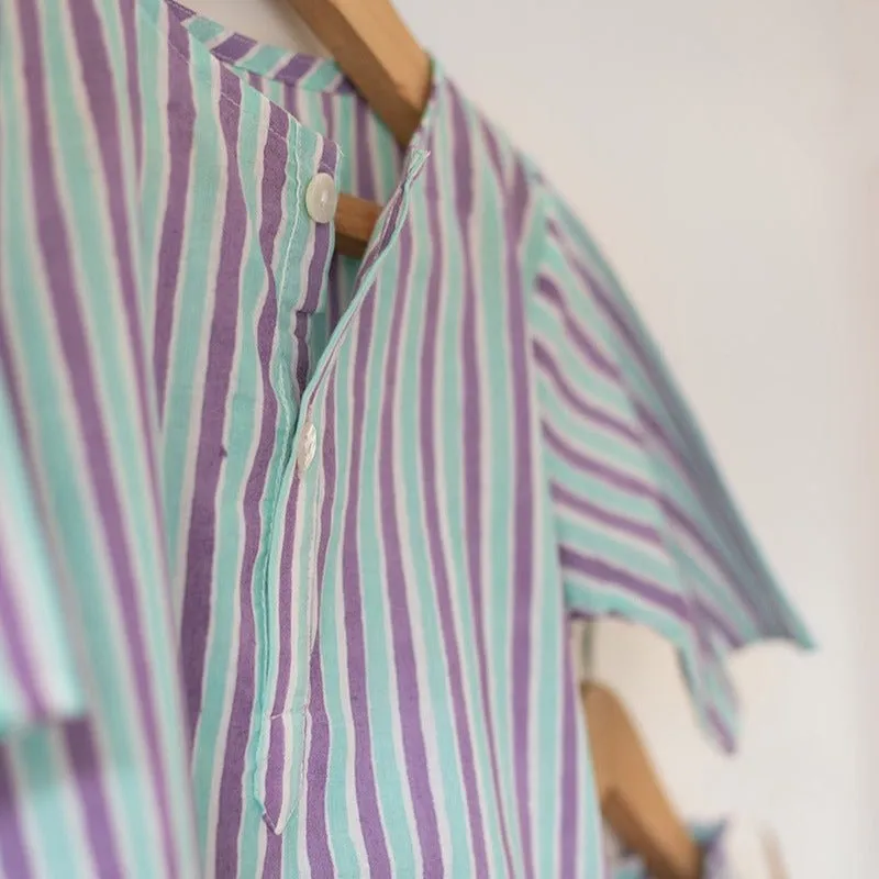 Sleepover Party Cotton Kurta & Shorts Set - Purple Blue Striped