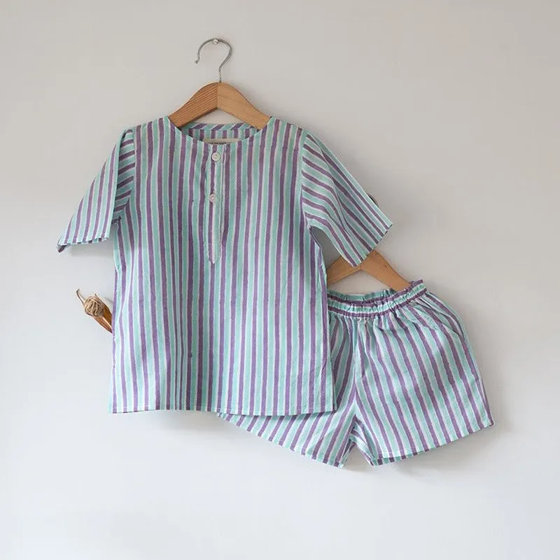 Sleepover Party Cotton Kurta & Shorts Set - Purple Blue Striped