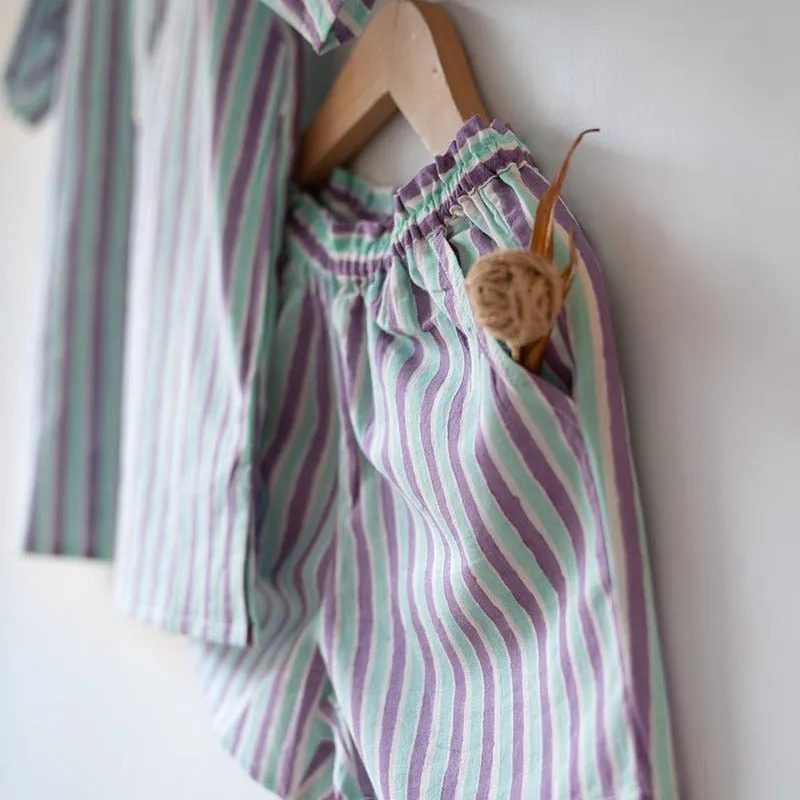 Sleepover Party Cotton Kurta & Shorts Set - Purple Blue Striped