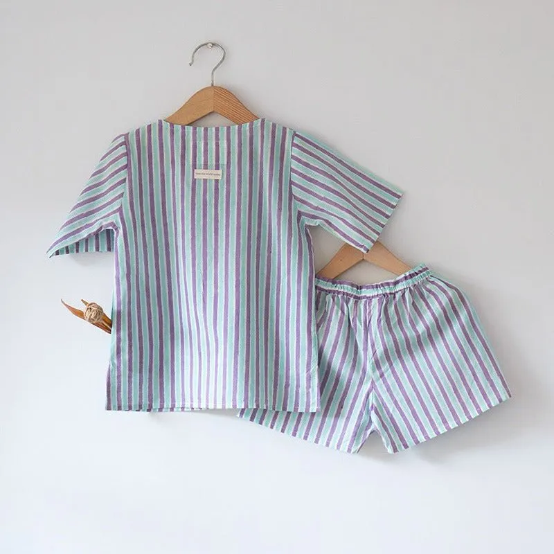 Sleepover Party Cotton Kurta & Shorts Set - Purple Blue Striped