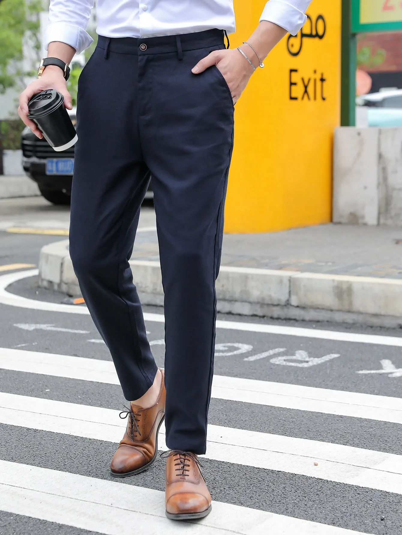 Solid Slant Pockets Zipper Fly Tailored Linen Trousers