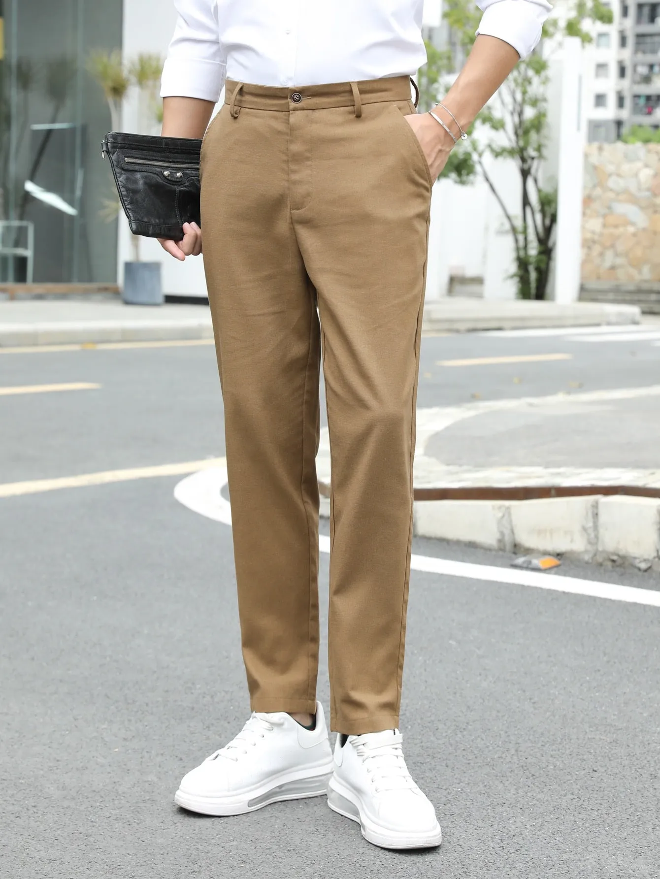 Solid Slant Pockets Zipper Fly Tailored Linen Trousers