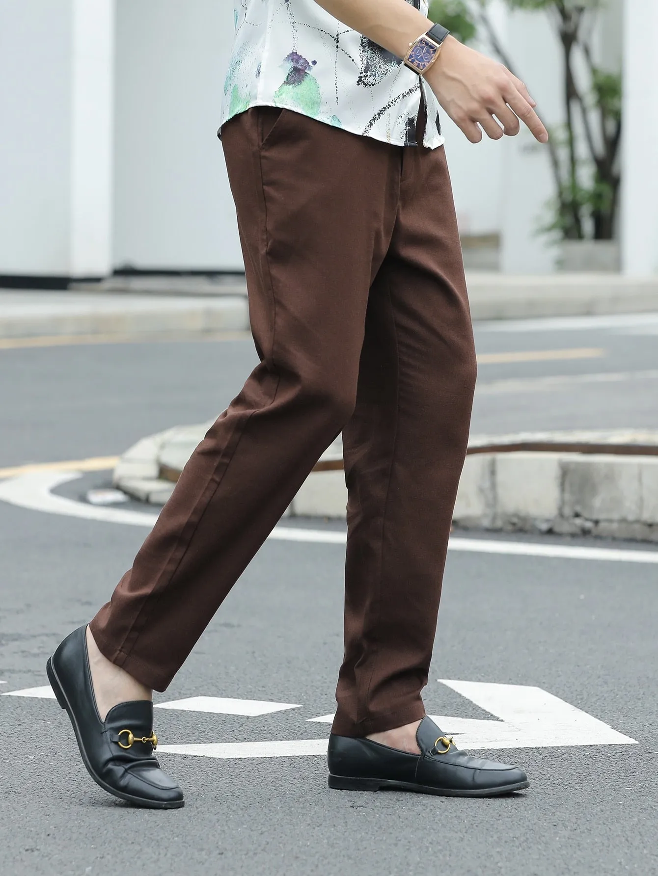Solid Slant Pockets Zipper Fly Tailored Linen Trousers