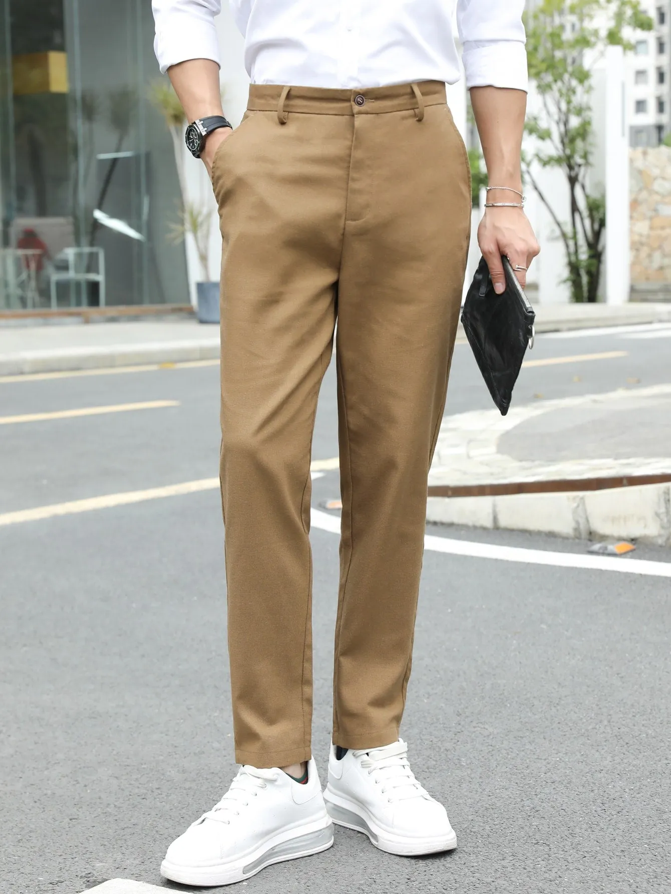 Solid Slant Pockets Zipper Fly Tailored Linen Trousers