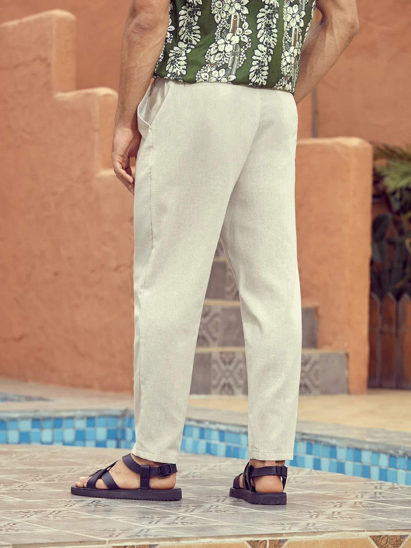 Solid Slant Pockets Zipper Fly Tailored Linen Trousers