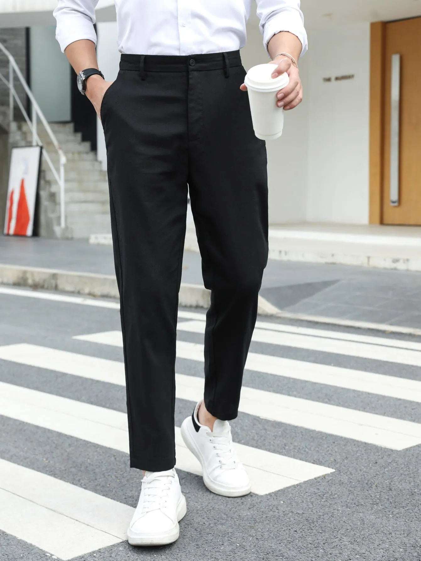 Solid Slant Pockets Zipper Fly Tailored Linen Trousers