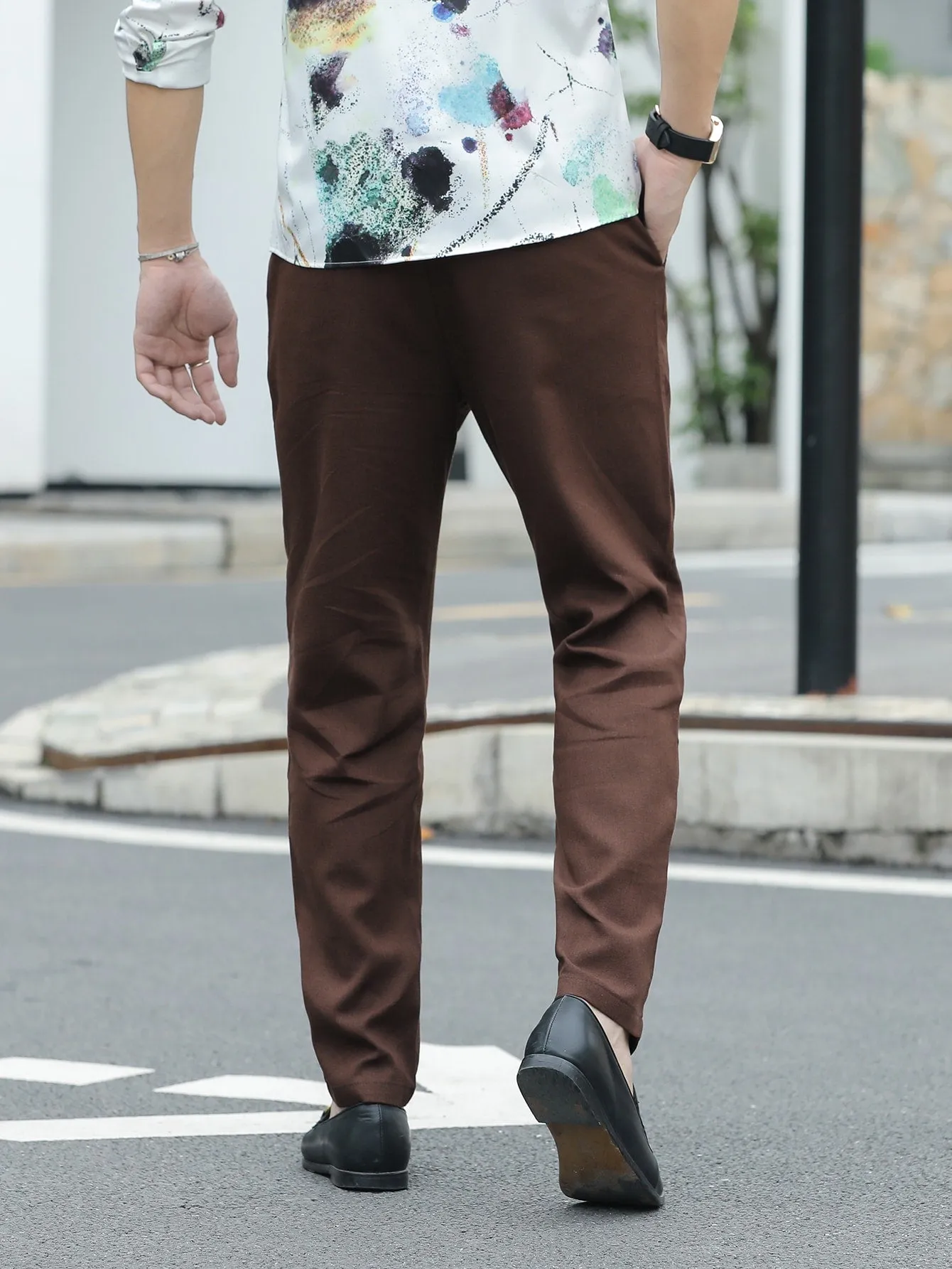 Solid Slant Pockets Zipper Fly Tailored Linen Trousers