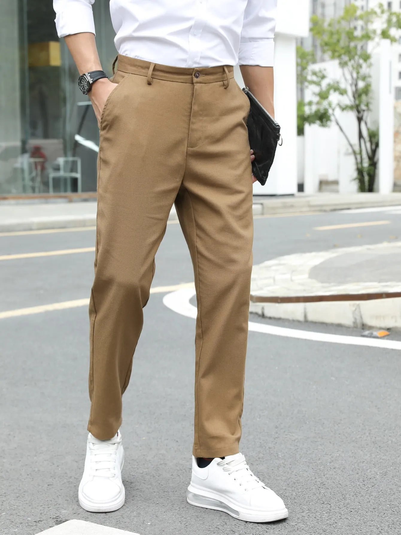 Solid Slant Pockets Zipper Fly Tailored Linen Trousers
