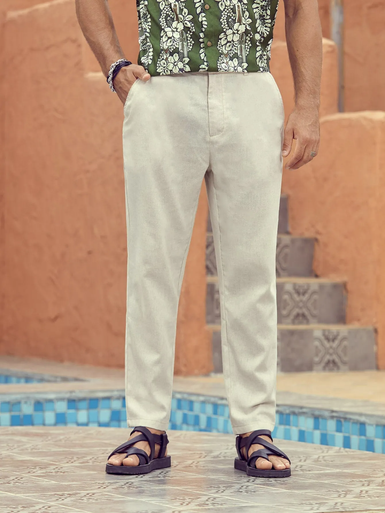 Solid Slant Pockets Zipper Fly Tailored Linen Trousers