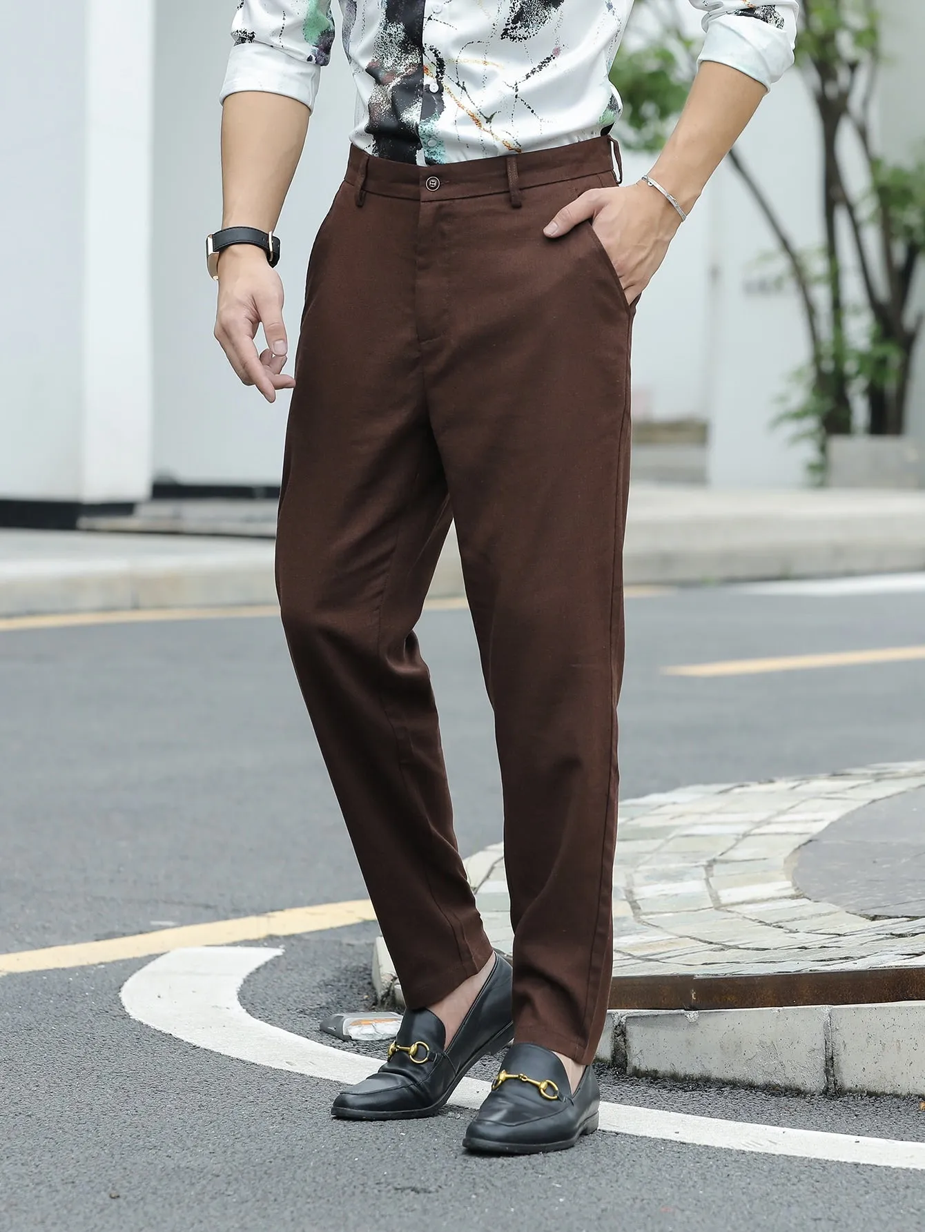 Solid Slant Pockets Zipper Fly Tailored Linen Trousers
