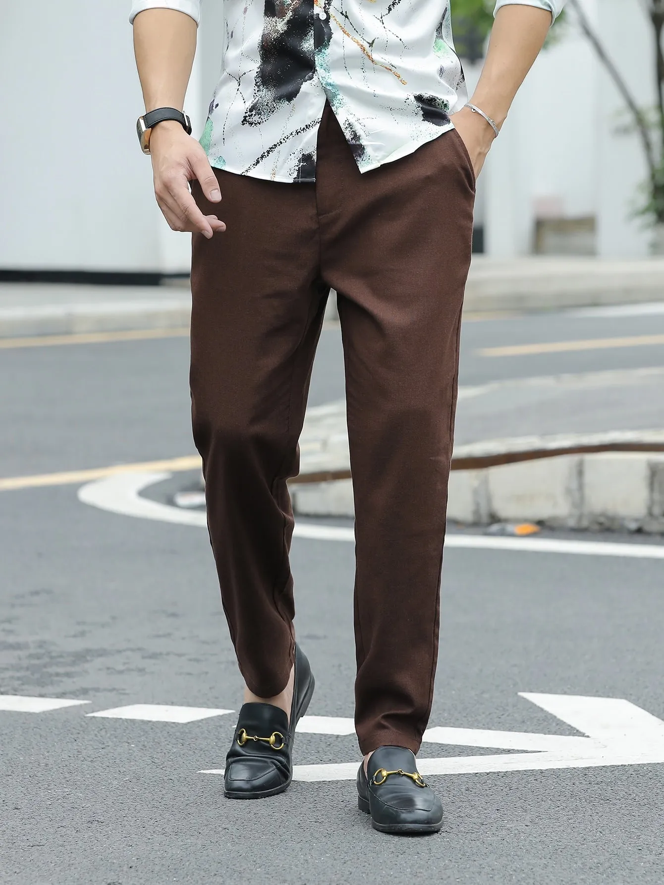 Solid Slant Pockets Zipper Fly Tailored Linen Trousers