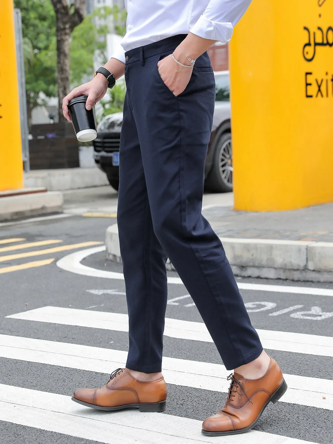 Solid Slant Pockets Zipper Fly Tailored Linen Trousers