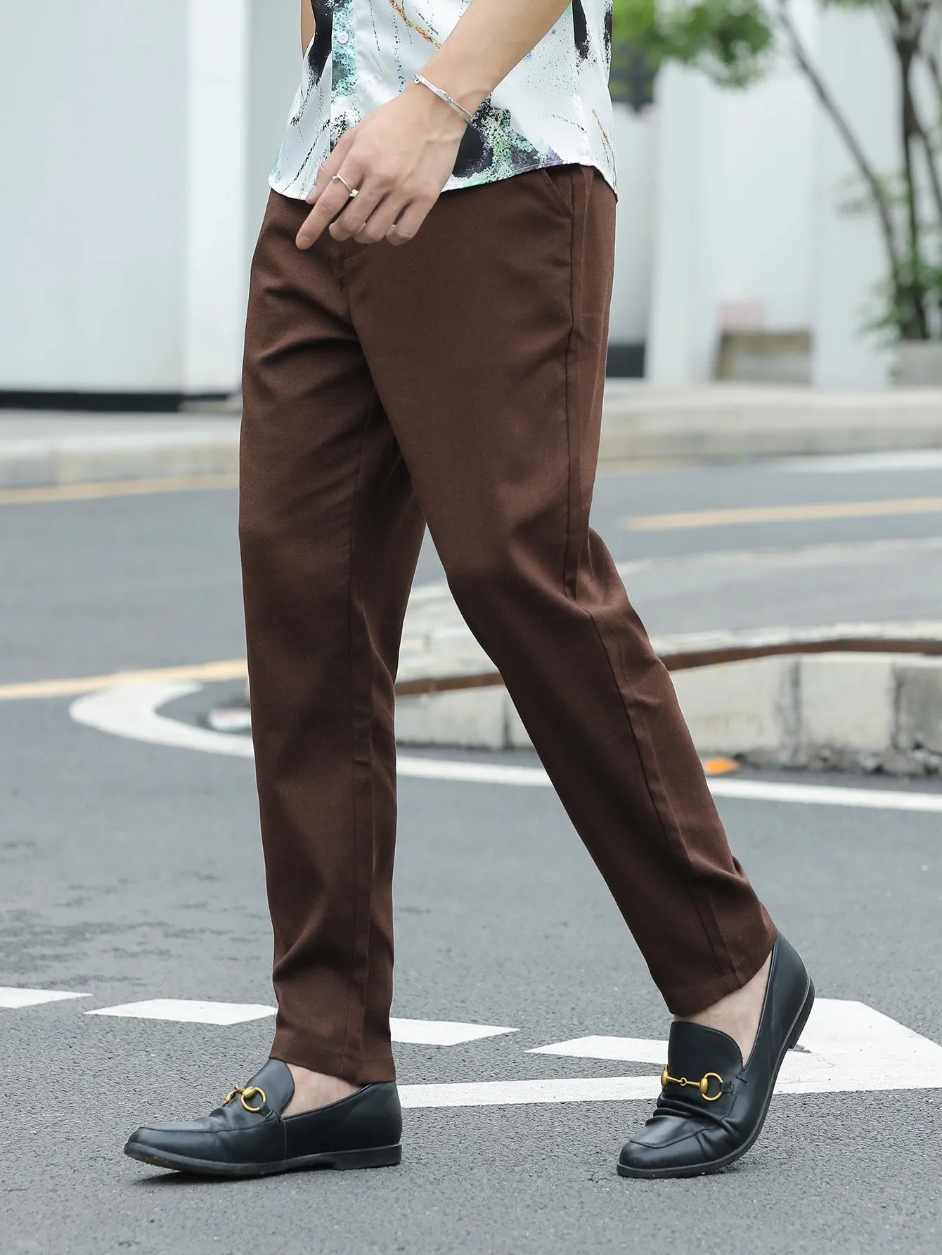 Solid Slant Pockets Zipper Fly Tailored Linen Trousers