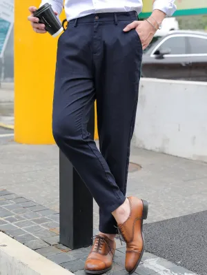 Solid Slant Pockets Zipper Fly Tailored Linen Trousers