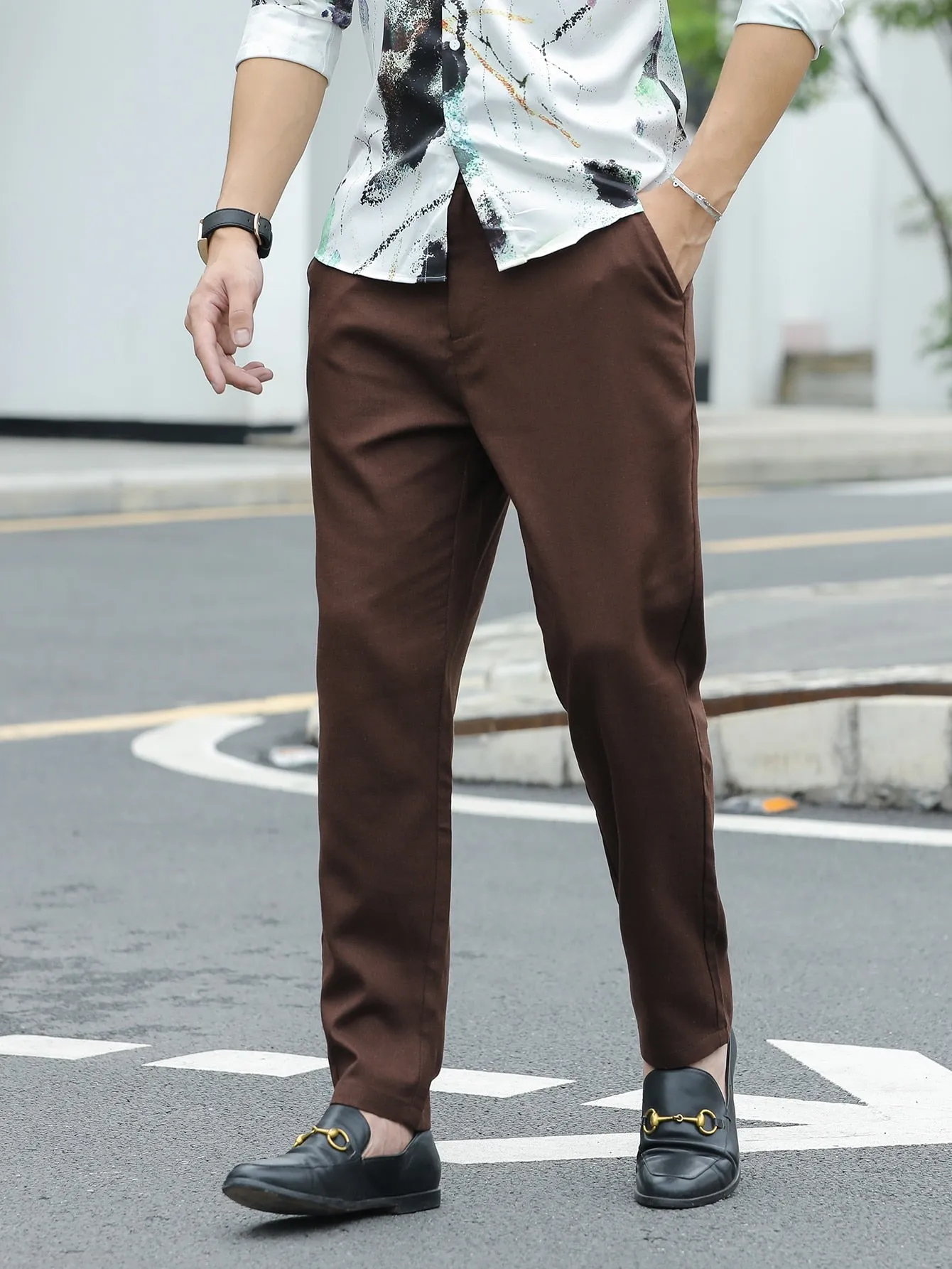 Solid Slant Pockets Zipper Fly Tailored Linen Trousers