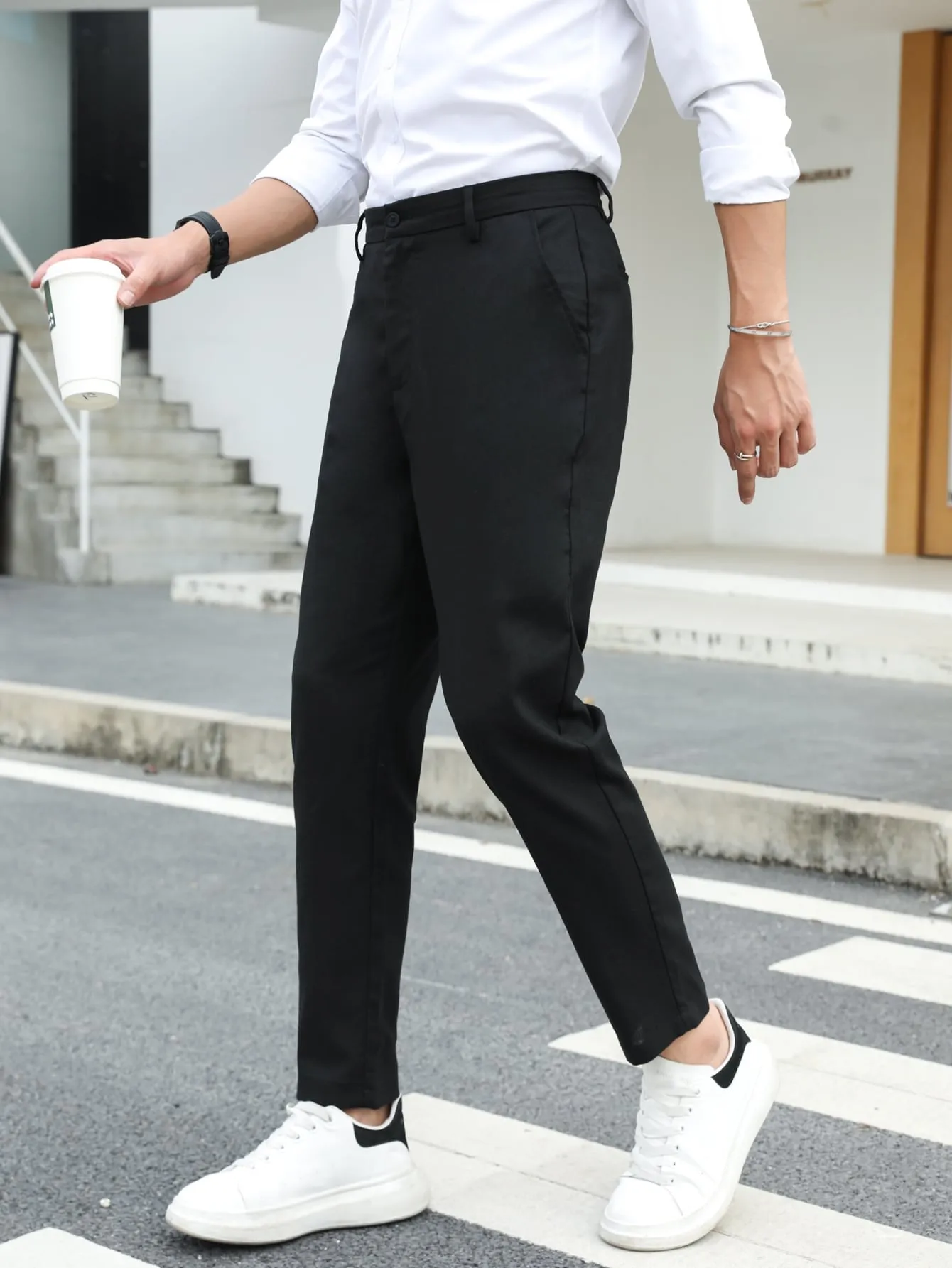 Solid Slant Pockets Zipper Fly Tailored Linen Trousers